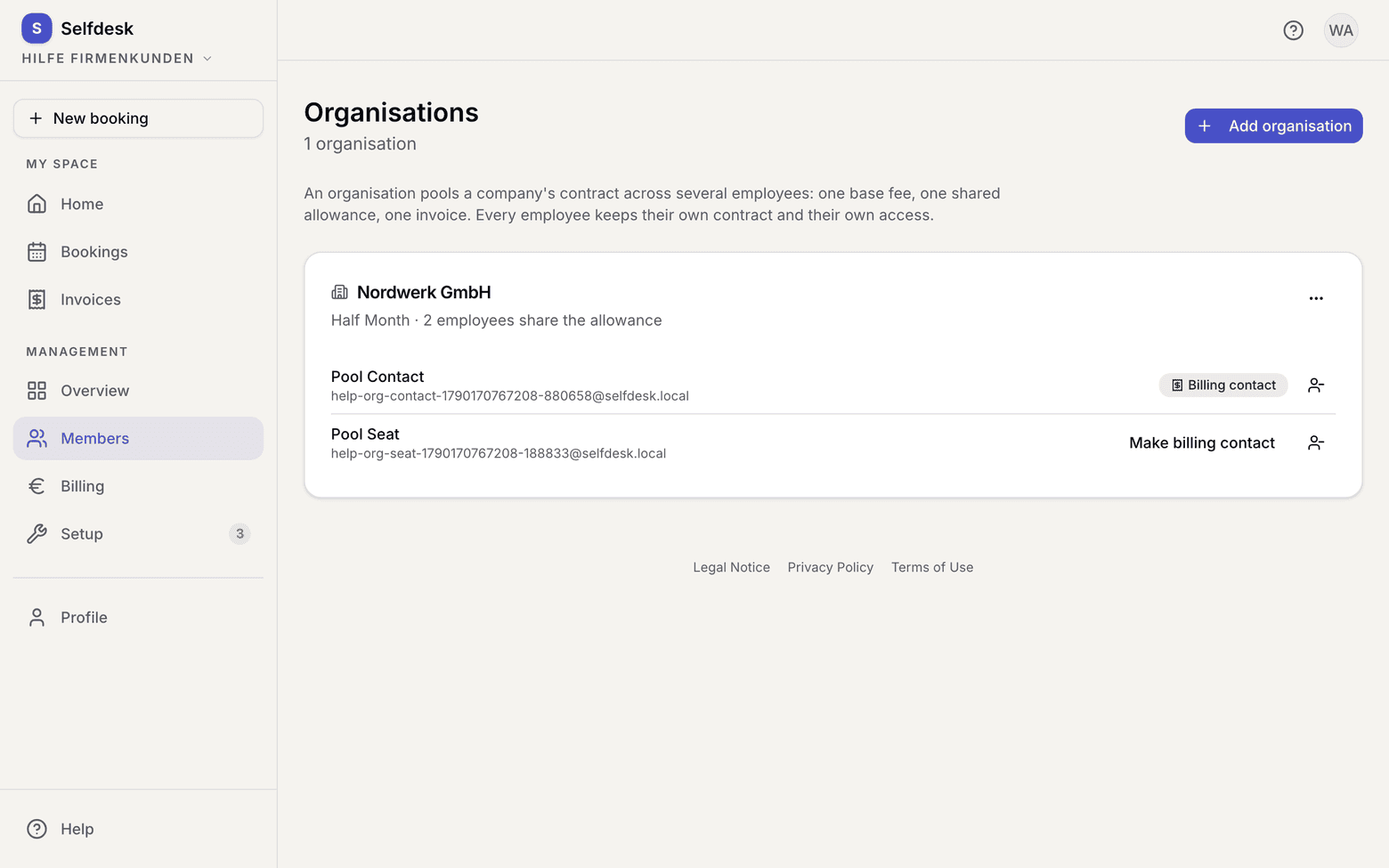 List of organisations with the add button