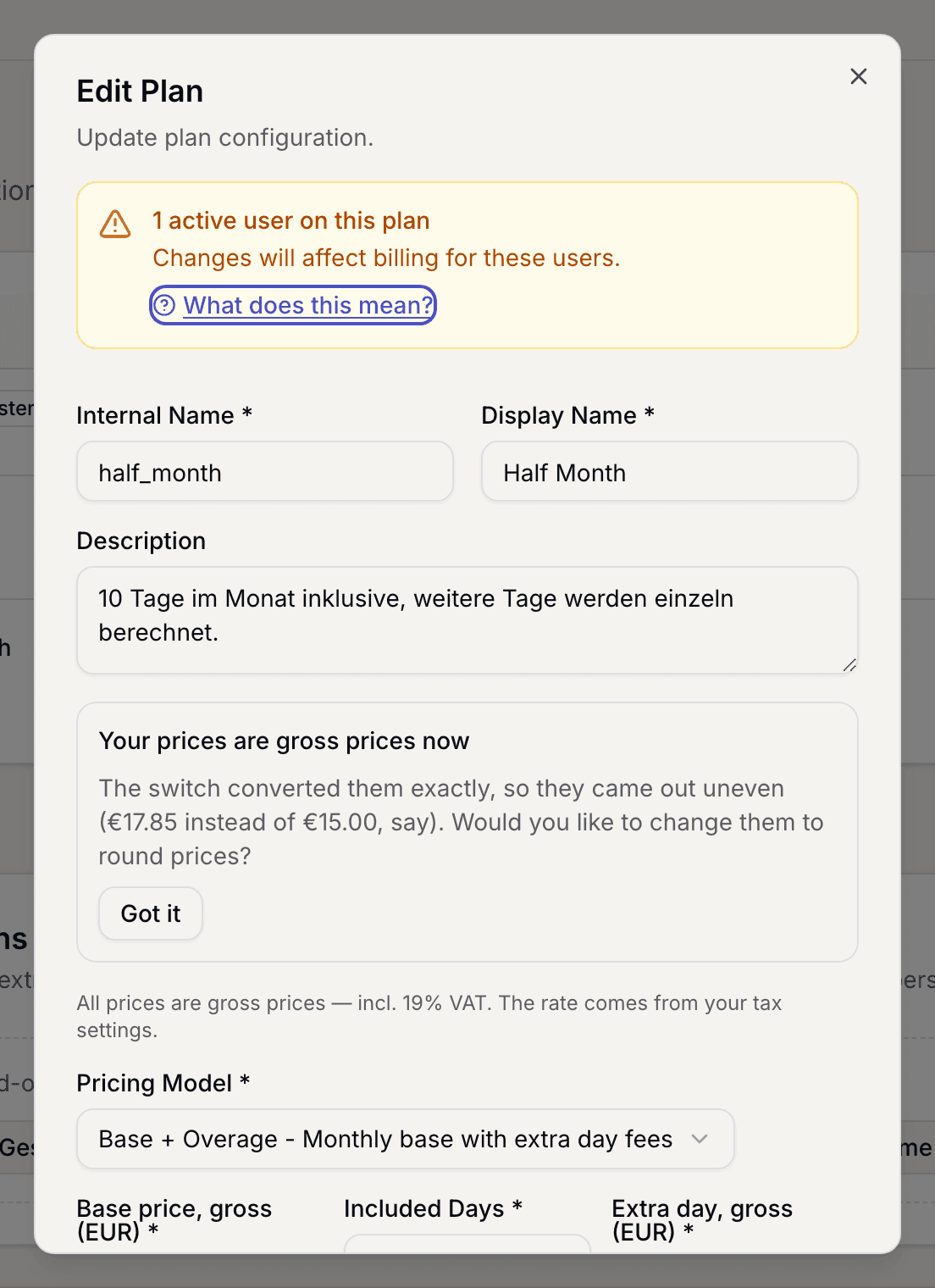 Plan form with the note about active users