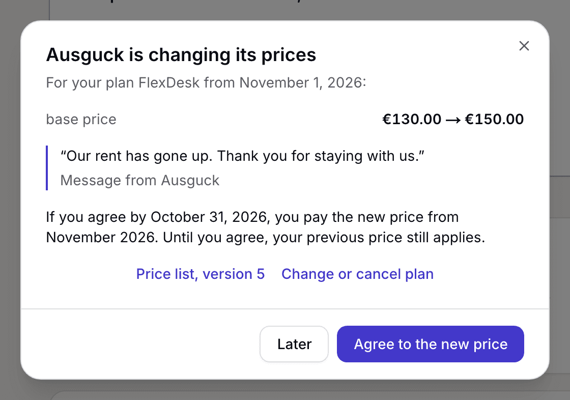 The space's request with the previous and the new price and the Agree to the new price button