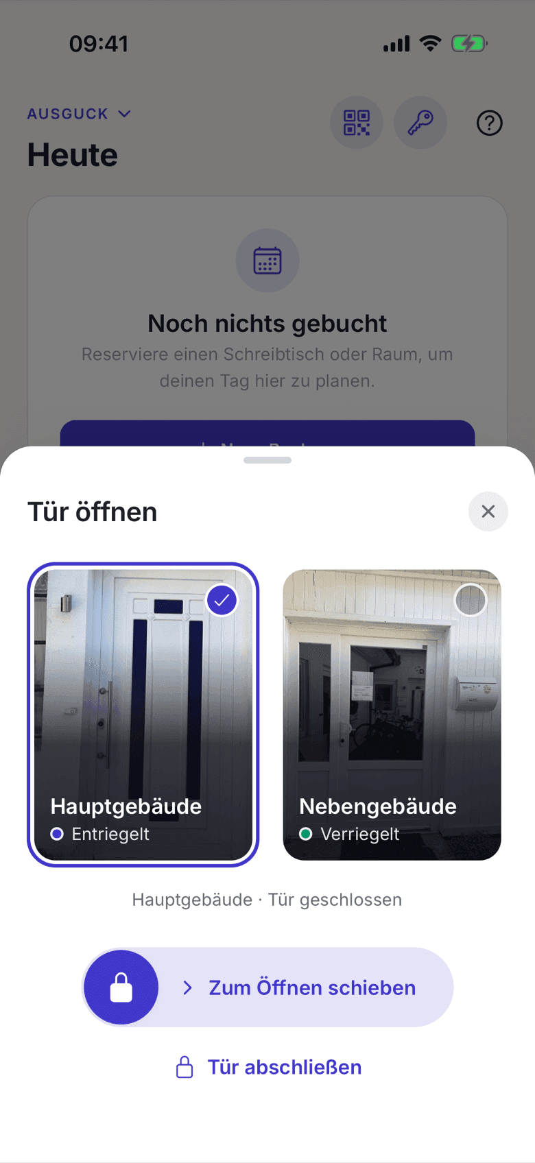 Türwähler in der App mit zwei Türen, Foto und Schlosszustand je Tür und dem Schieber zum Öffnen