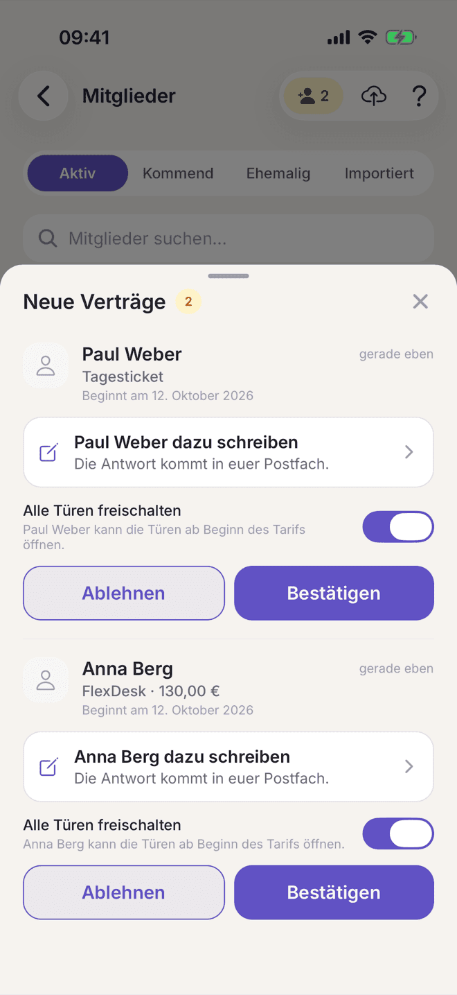 Selfdesk-App für Betreiber: zwei neue Verträge mit Bestätigen und Ablehnen