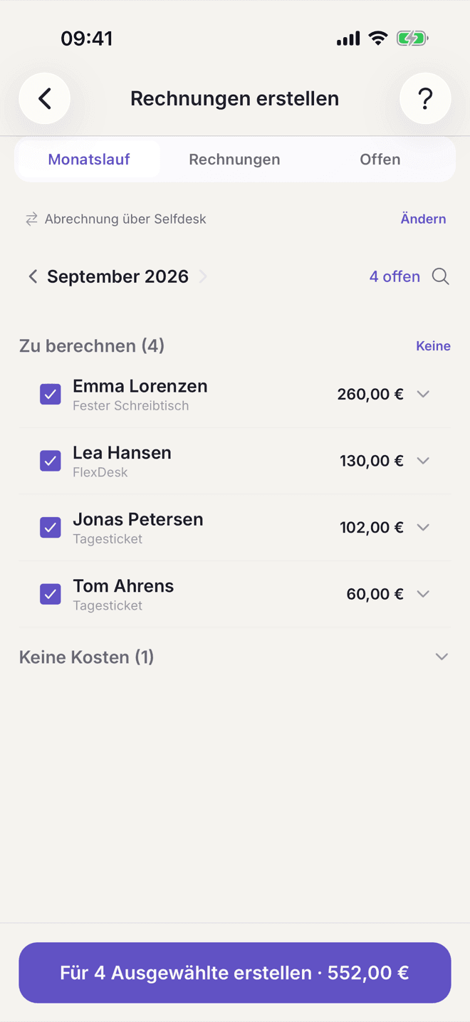 Selfdesk-App für Betreiber: Monatslauf mit vier Mitgliedern und dem Knopf zum Erstellen der Rechnungen