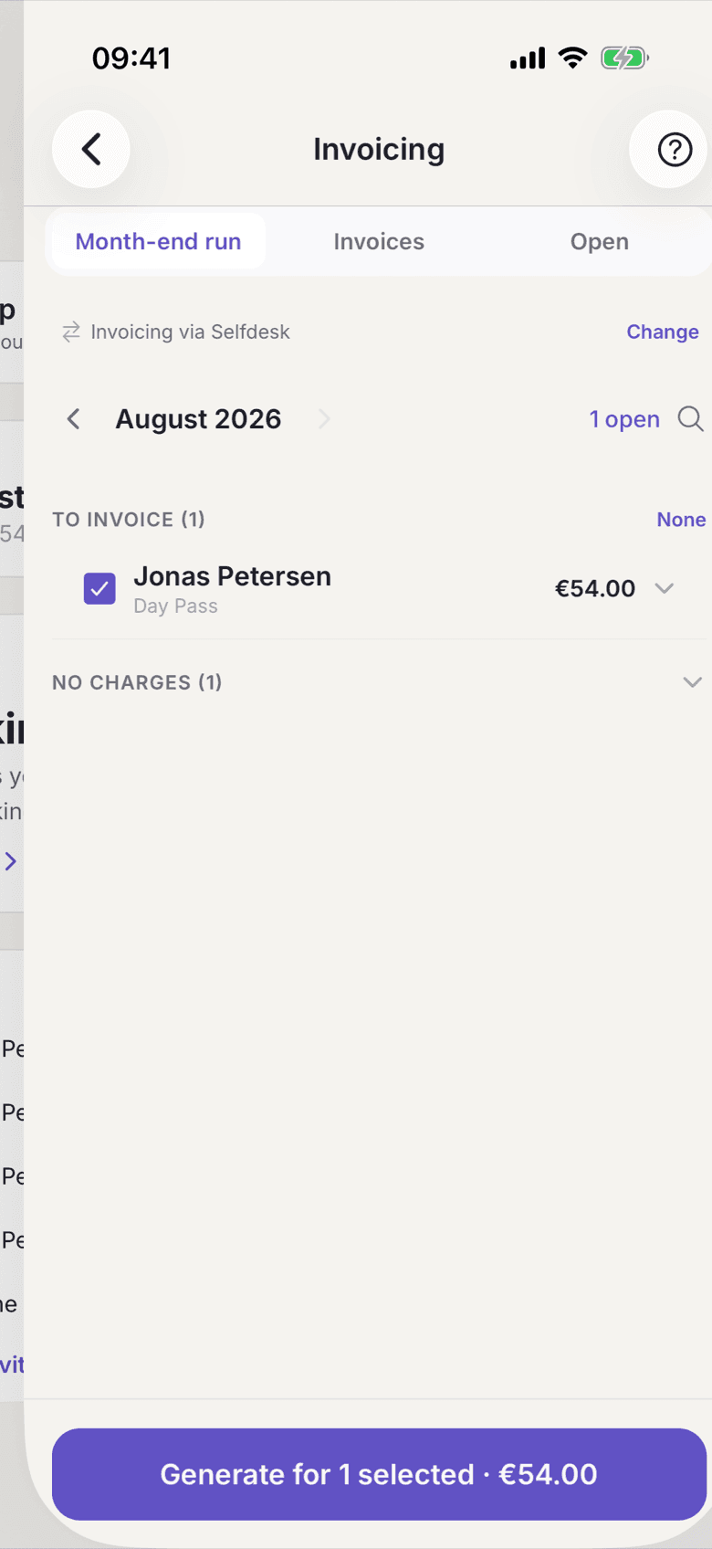 Invoicing, Month-end run tab with the month in the header