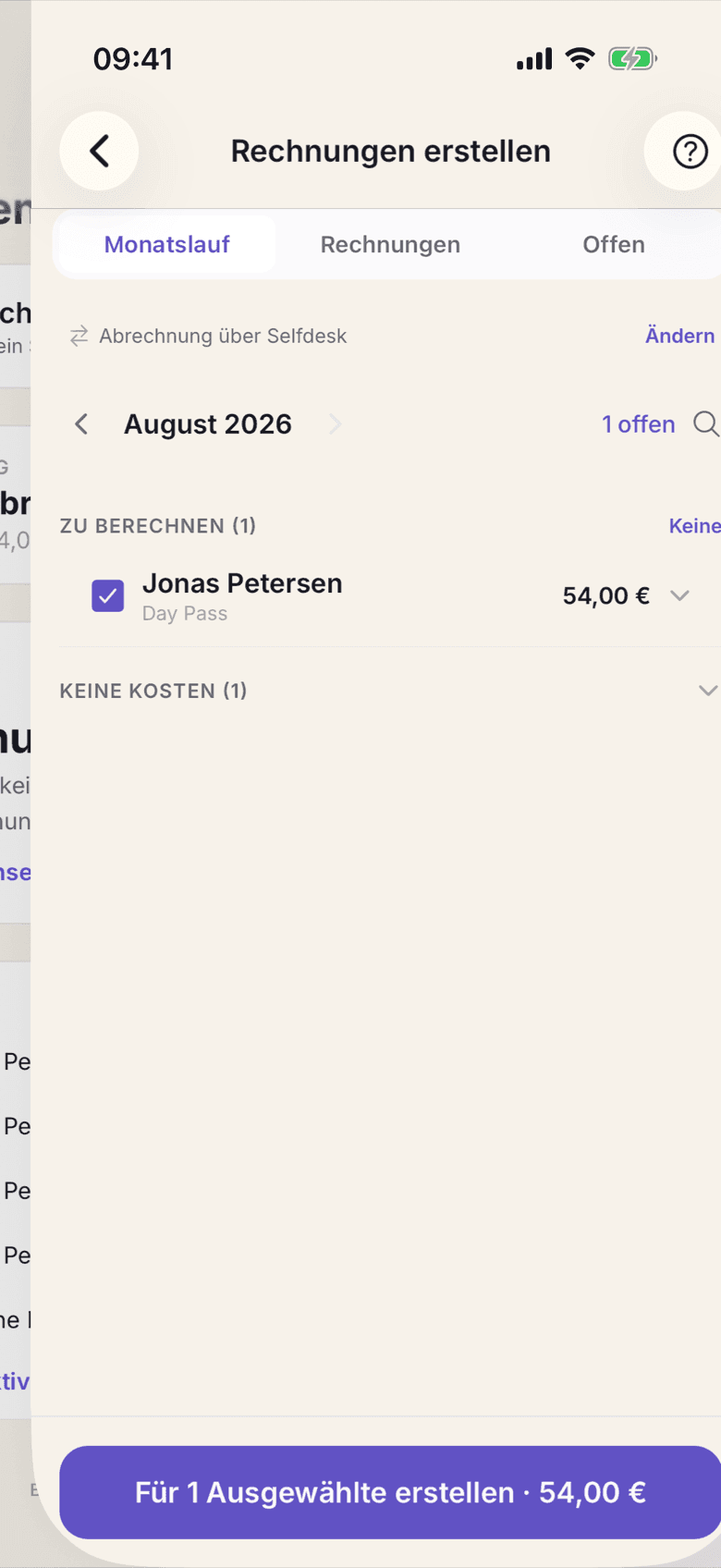 Rechnungen erstellen, Reiter Monatslauf mit dem Monat in der Kopfzeile