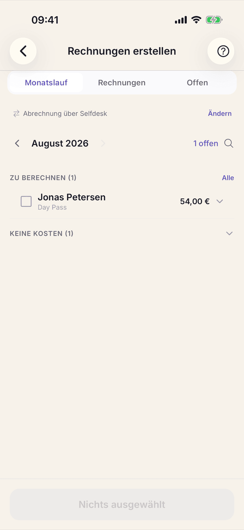 Aufgeklappte Mitgliedszeile mit den Positionen und der Summe