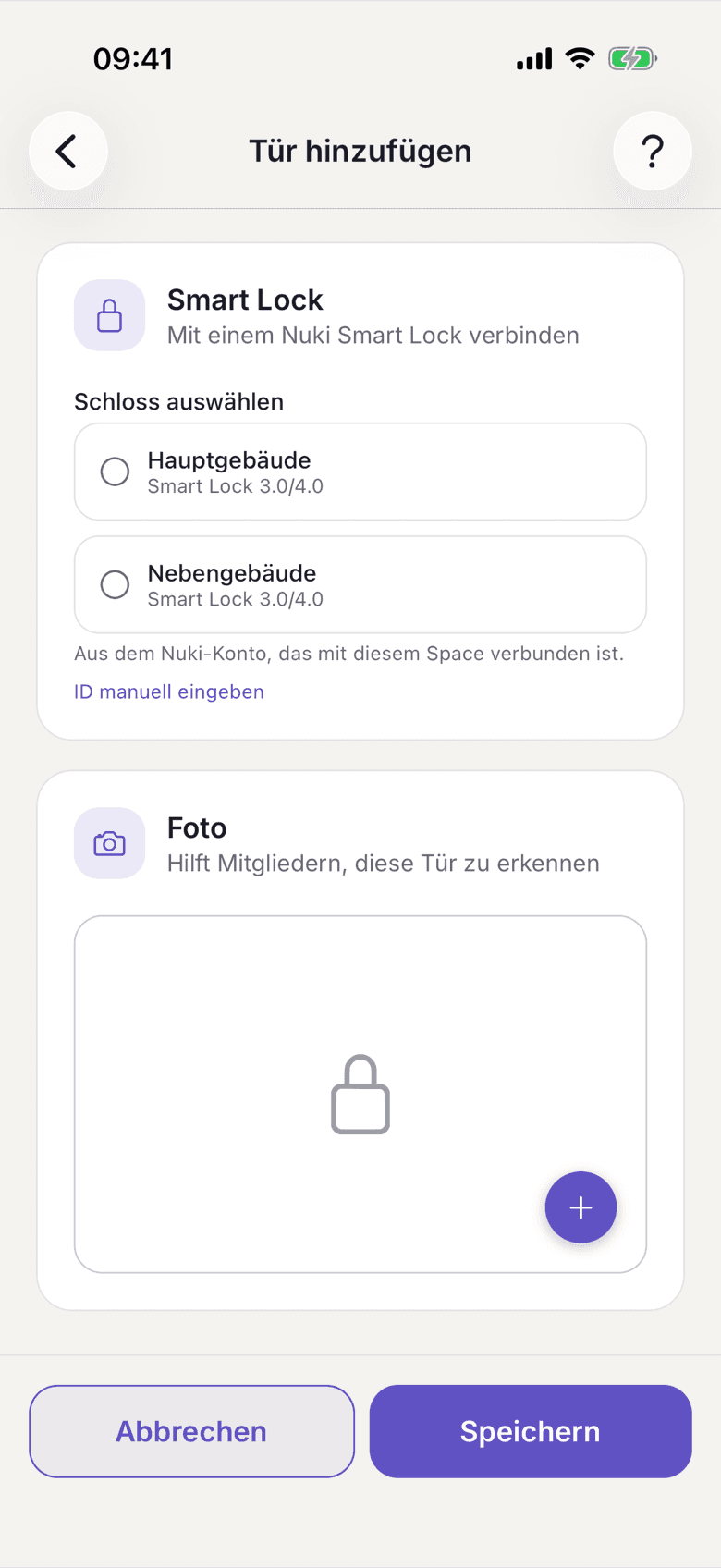 Formular „Tür hinzufügen“ mit den beiden Schlössern aus dem verbundenen Nuki-Konto zur Auswahl