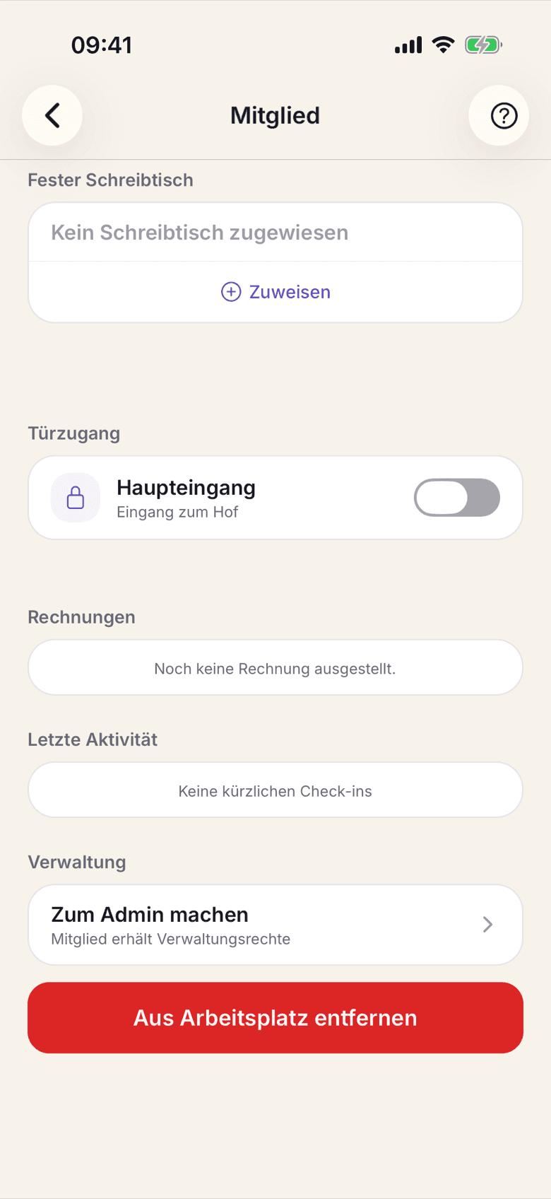 Türzugang in der Mitgliedsakte mit einem Schalter je Tür