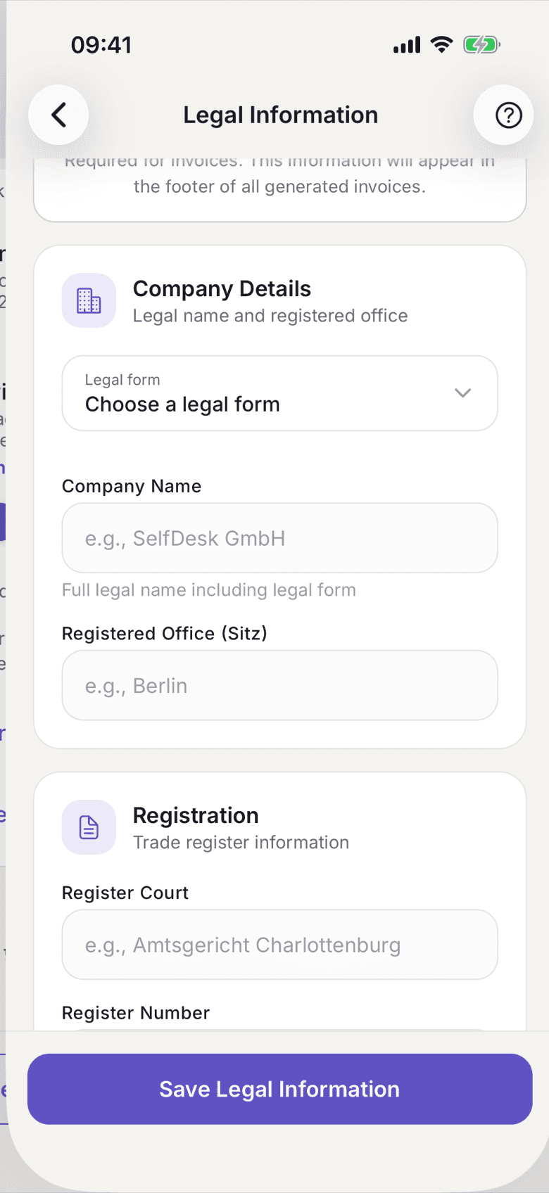 Legal Information with the Company Details and Registration sections
