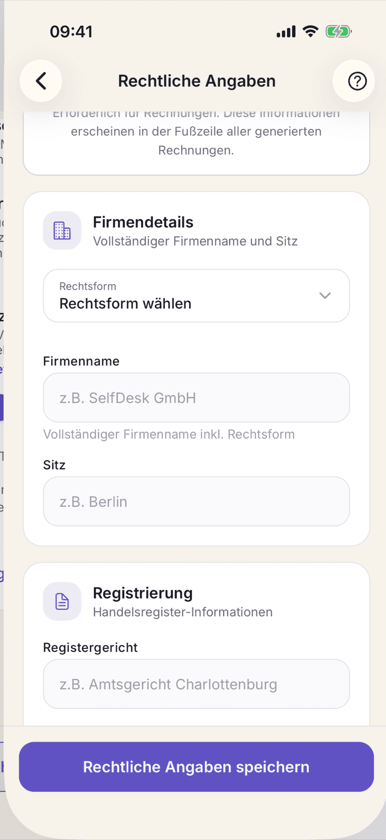 Rechtliche Angaben mit den Abschnitten Firmendetails und Registrierung