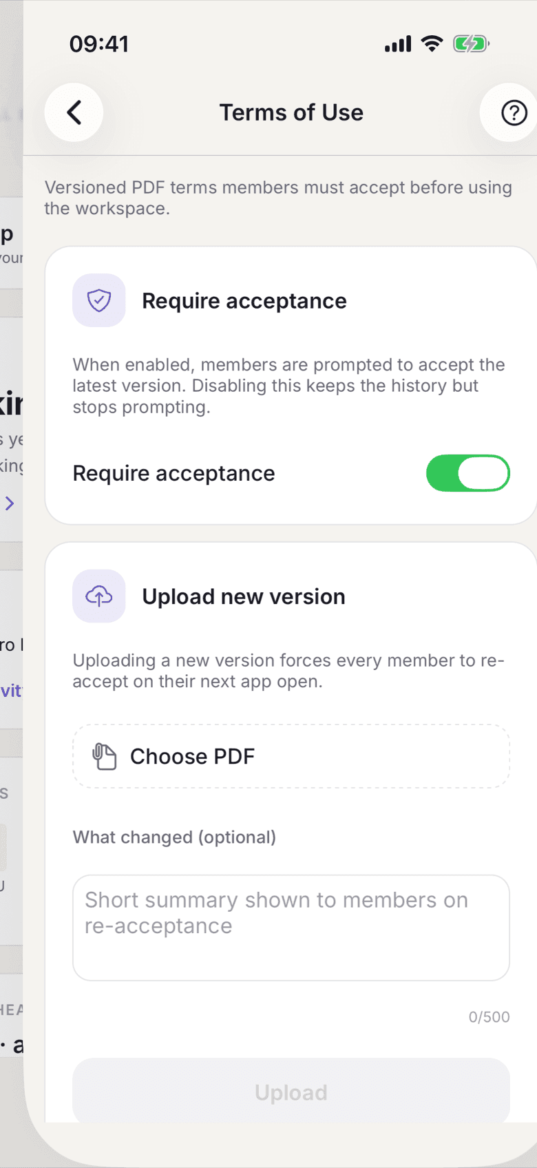 Terms of Use with the Require acceptance switch