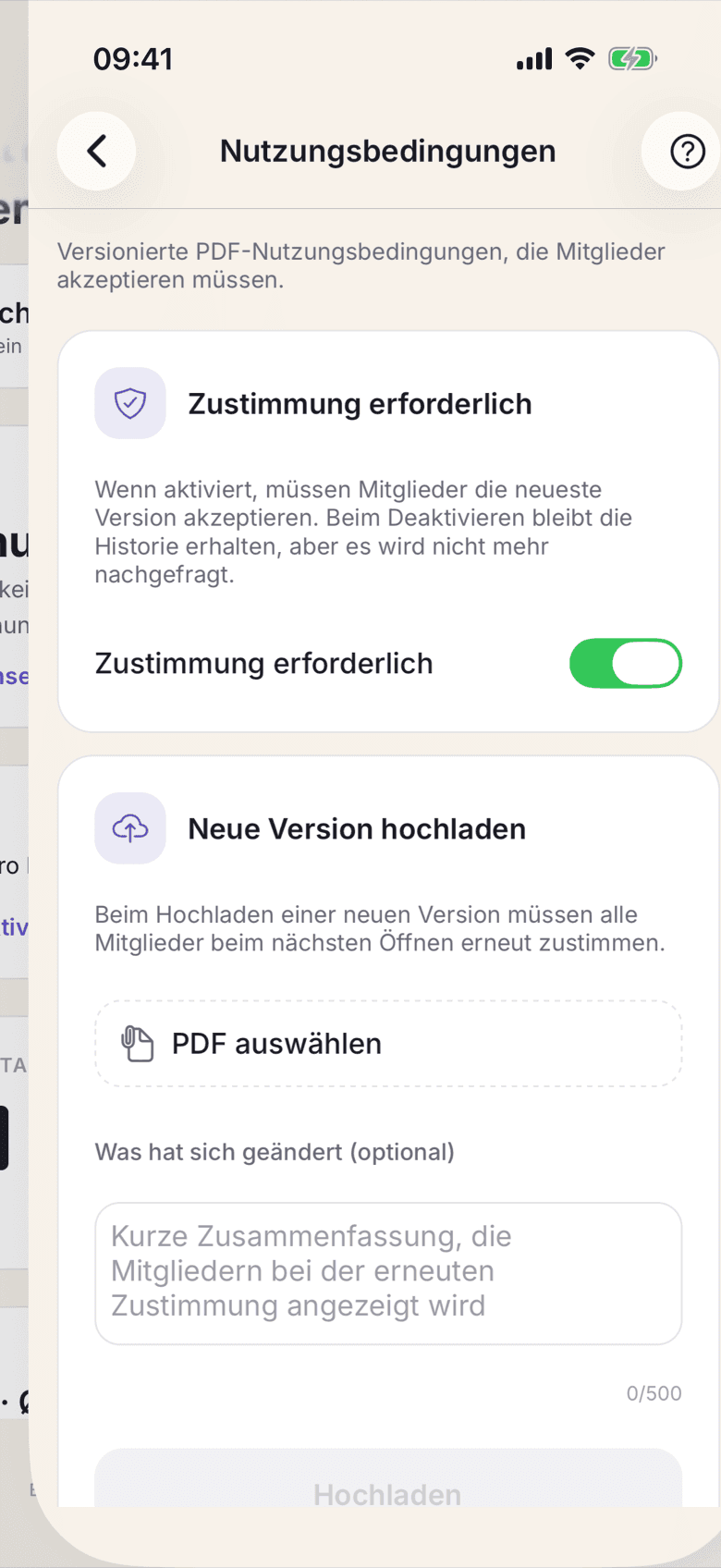 Nutzungsbedingungen mit dem Schalter Zustimmung erforderlich