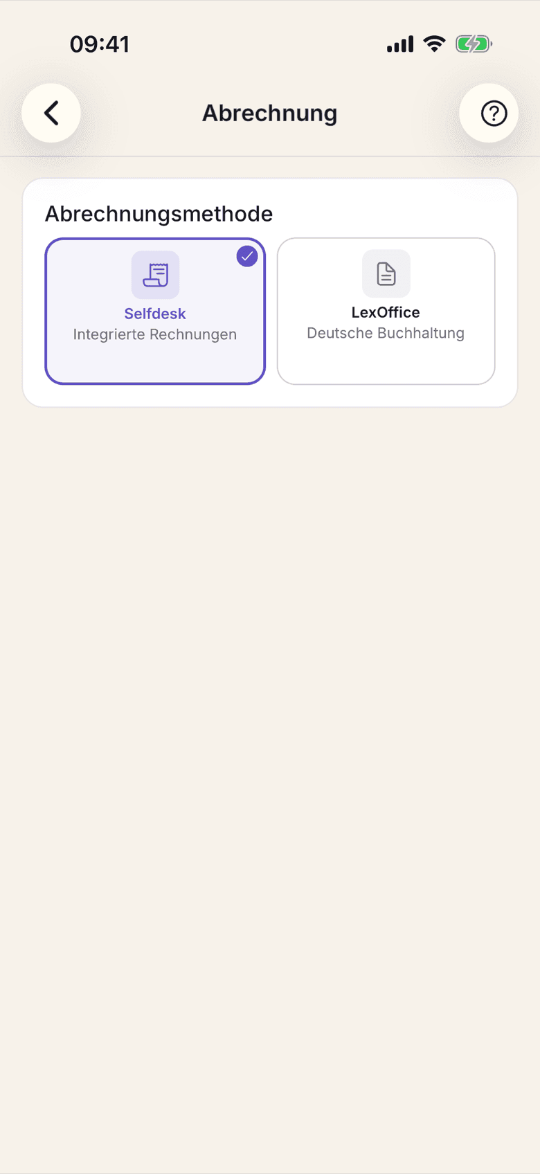 Abrechnung mit den beiden Kacheln Selfdesk und LexOffice