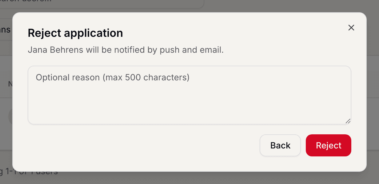 Rejecting an application with the reason field