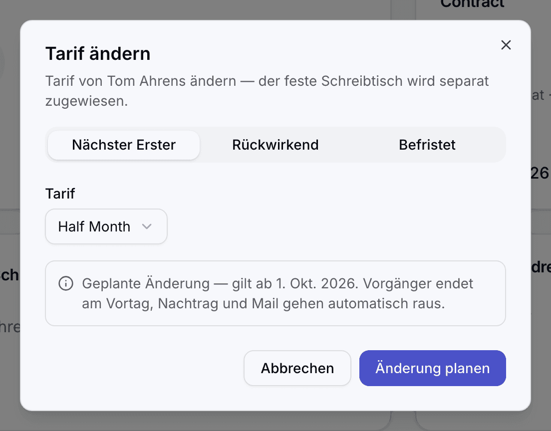 Auswahl des Zeitpunkts mit den drei Optionen