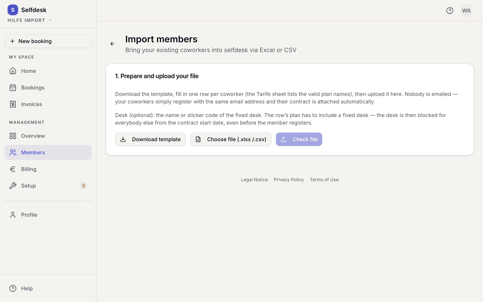 Import page with the button for downloading the template