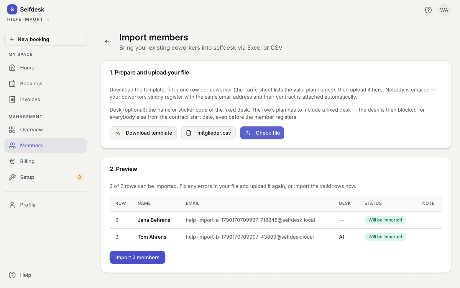 Import preview with a status per row