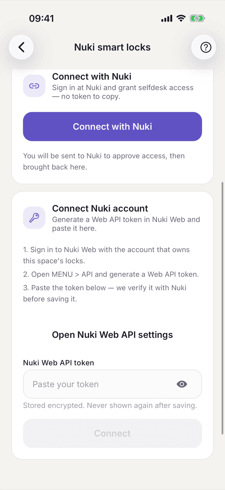 The Nuki Web API token field with the Connect button