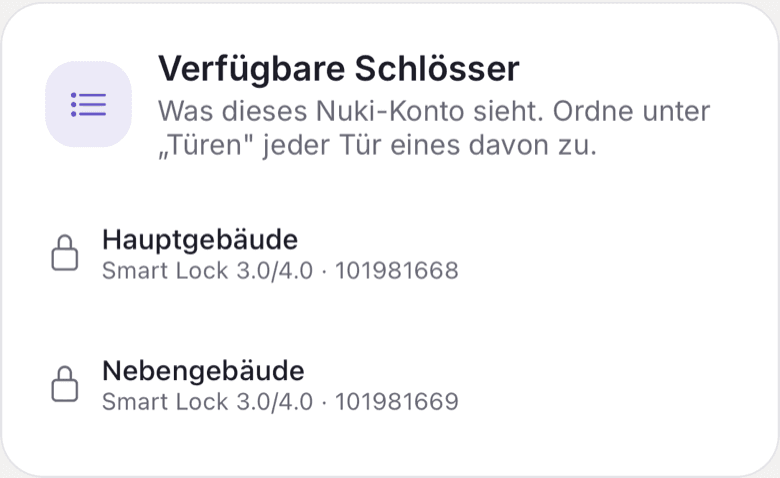 Liste der verfügbaren Schlösser nach dem Verbinden mit Nuki