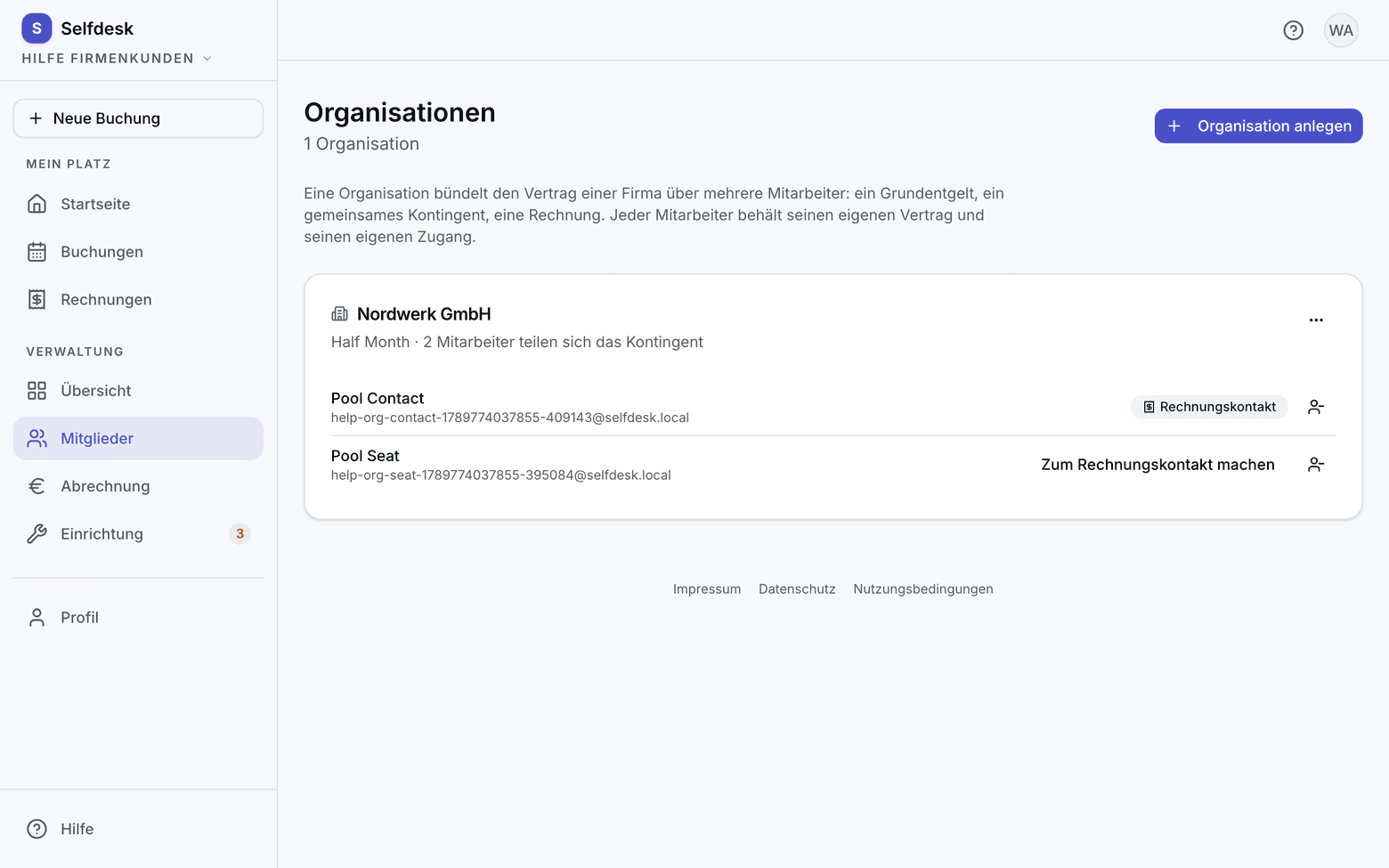 Liste der Organisationen mit dem Knopf zum Anlegen