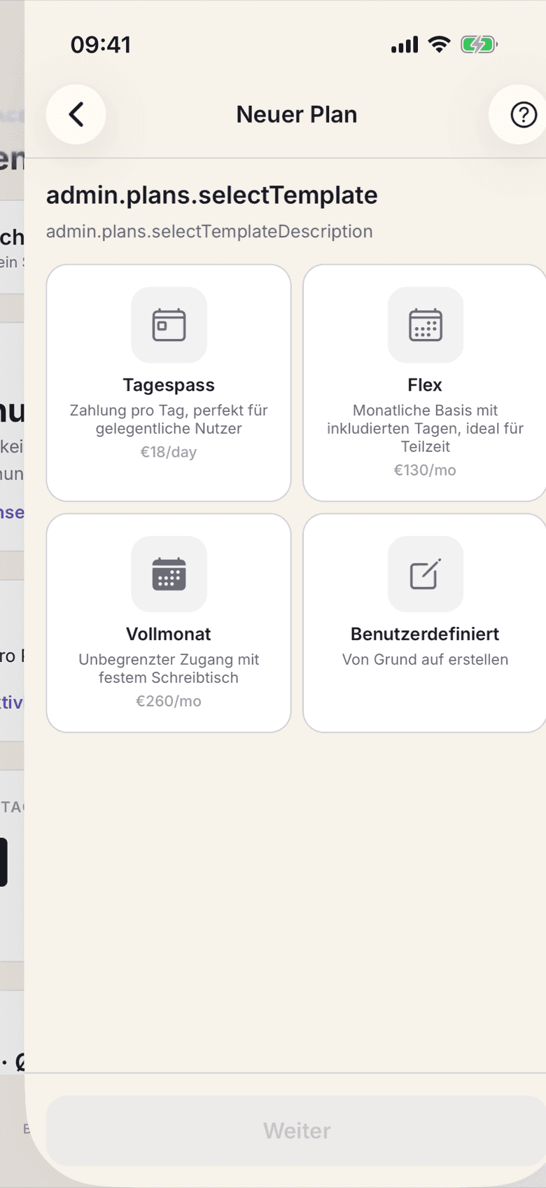 Vorlagenauswahl beim Anlegen eines Tarifs