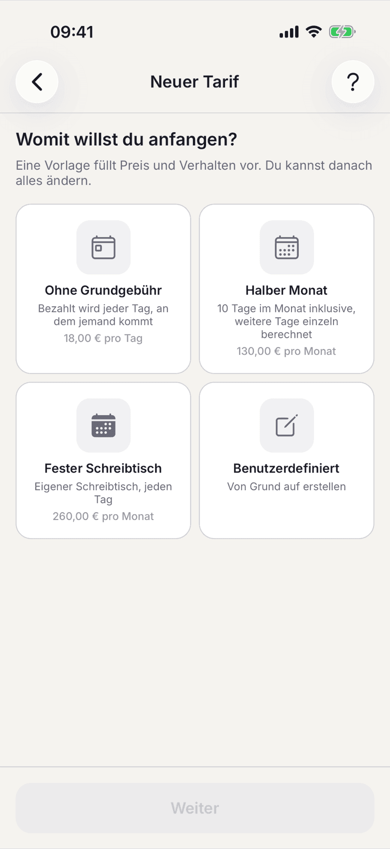 Neuer Tarif in der App: vier Vorlagen zur Auswahl, je mit Preis
