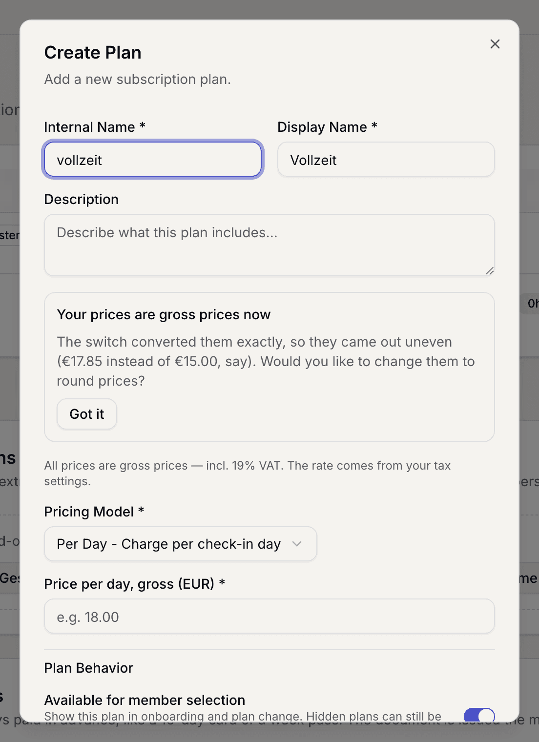 Form with the pricing model and the price fields