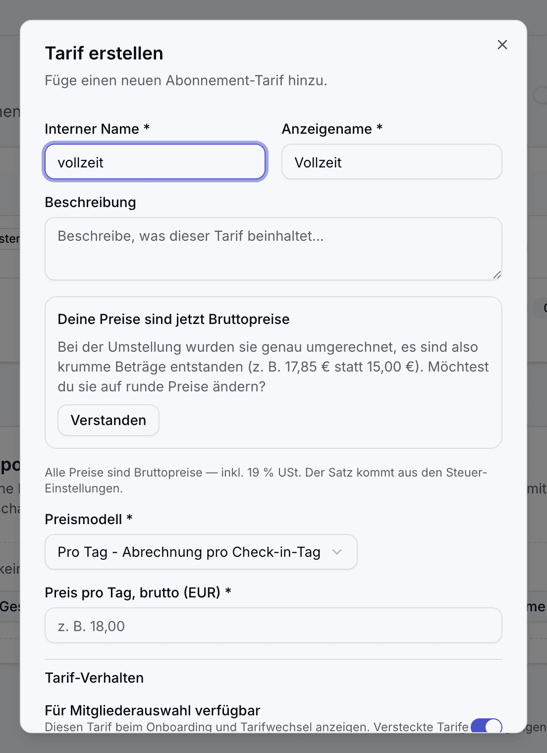 Formular mit Preismodell und den Preisfeldern