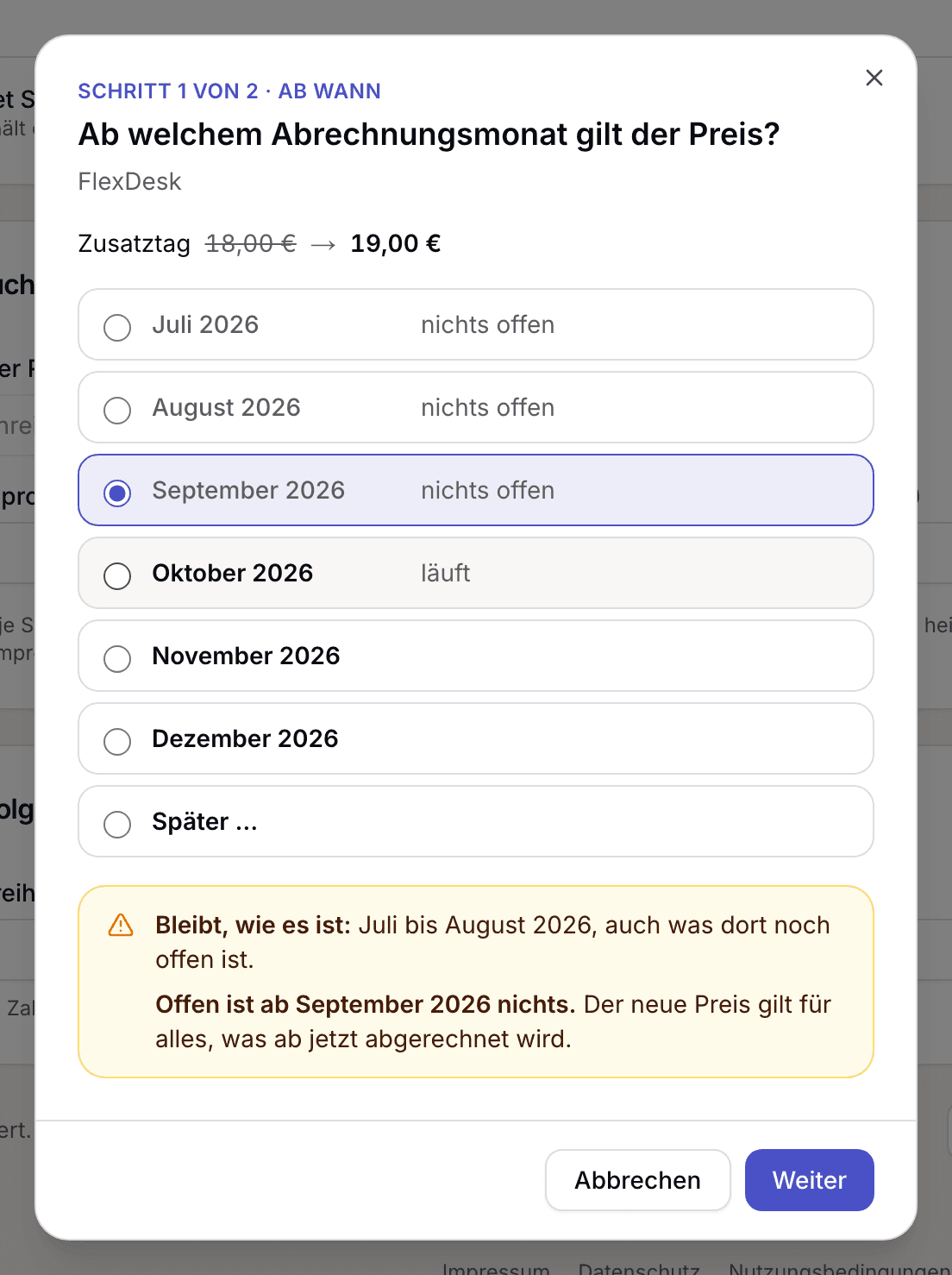 Schritt 1 mit der Monatsliste und dem Kasten, was bleibt und was neu berechnet wird