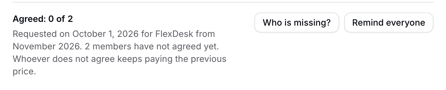 Price list with the agreement status and the Who is missing and Remind everyone buttons