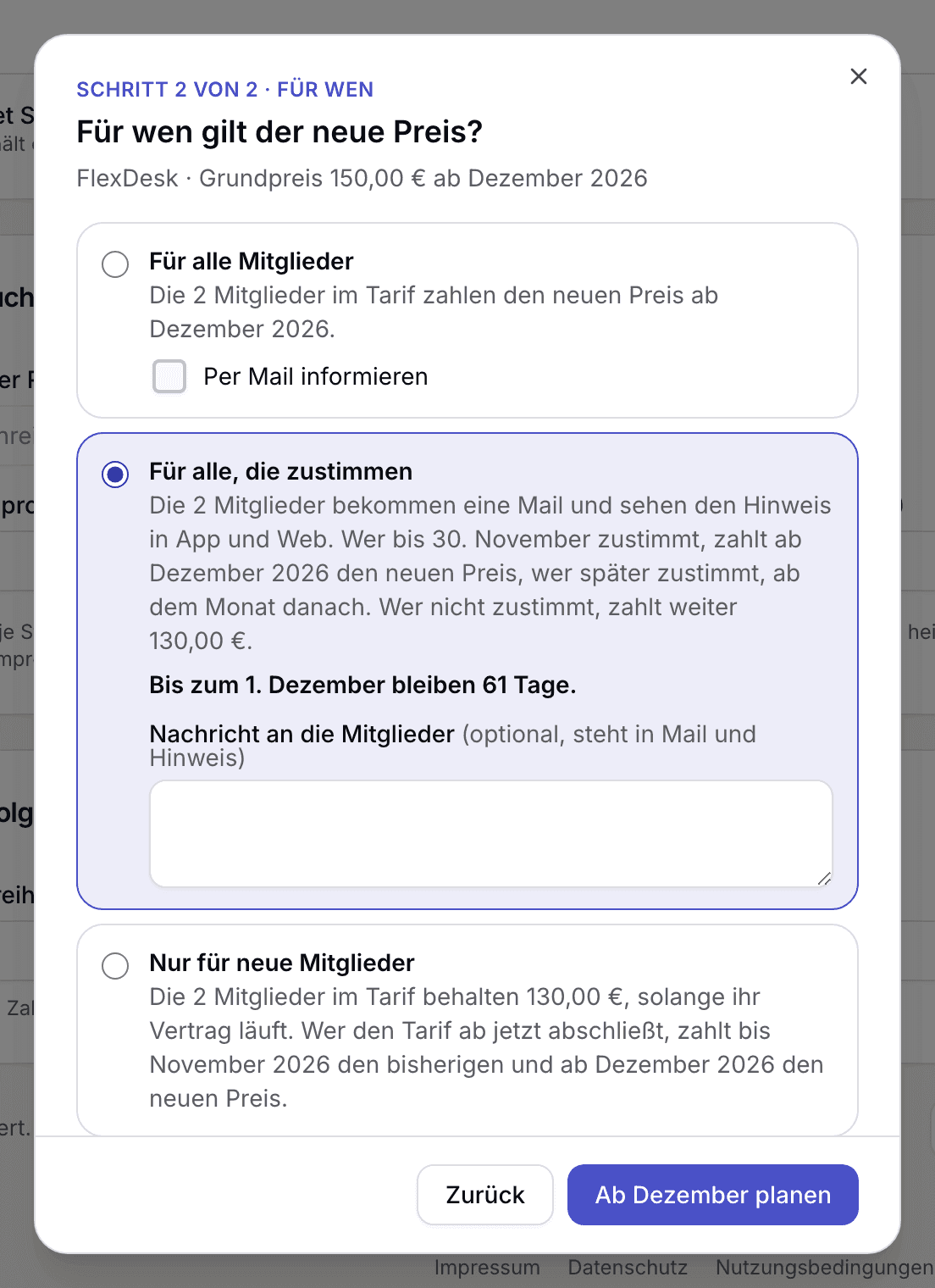 Schritt 2 mit den drei Möglichkeiten, für wen der neue Preis gilt