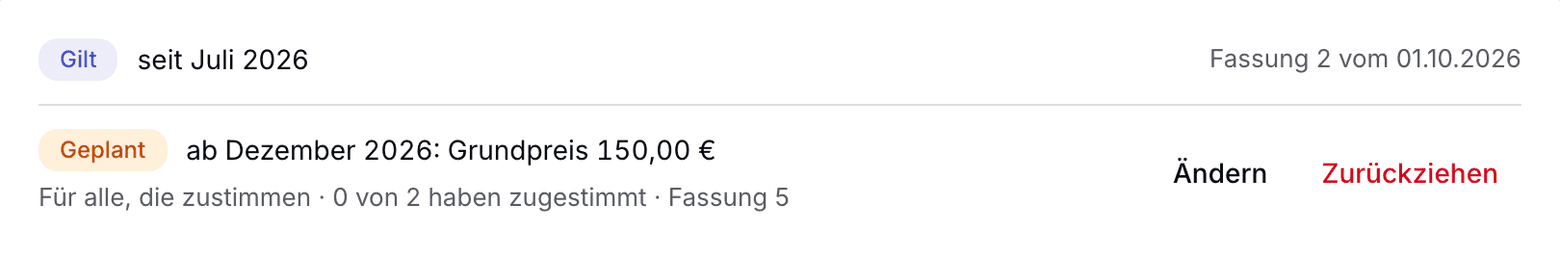 Kopf des Tarifs mit dem geplanten Preis und den Knöpfen Ändern und Zurückziehen