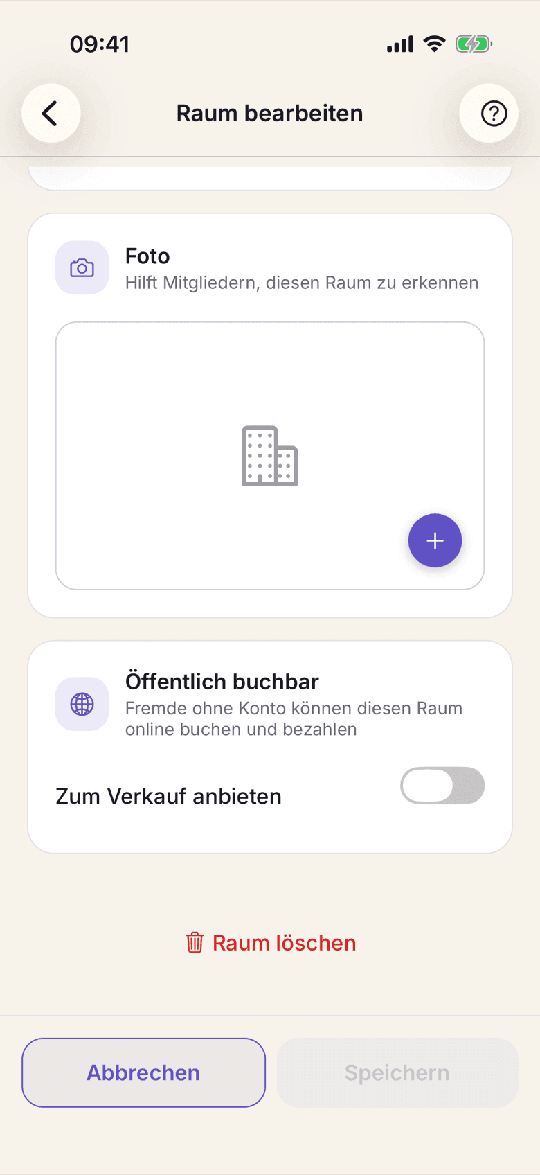 Raum bearbeiten mit dem Abschnitt Öffentlich buchbar