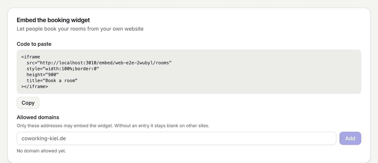Embed the booking widget card with the code and the allowed domains