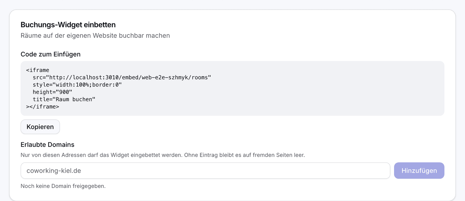Karte Buchungs-Widget einbetten mit dem Code und den erlaubten Domains