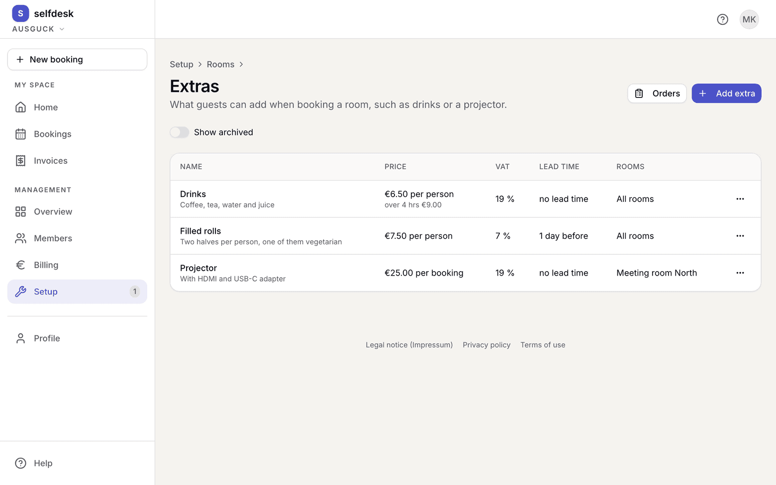 Extras page with three extras, their prices, VAT rates, lead times and rooms