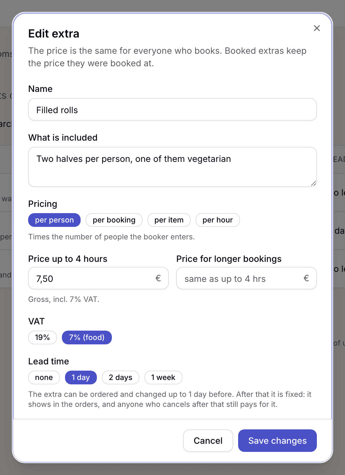 Edit extra form with pricing, price, VAT and lead time