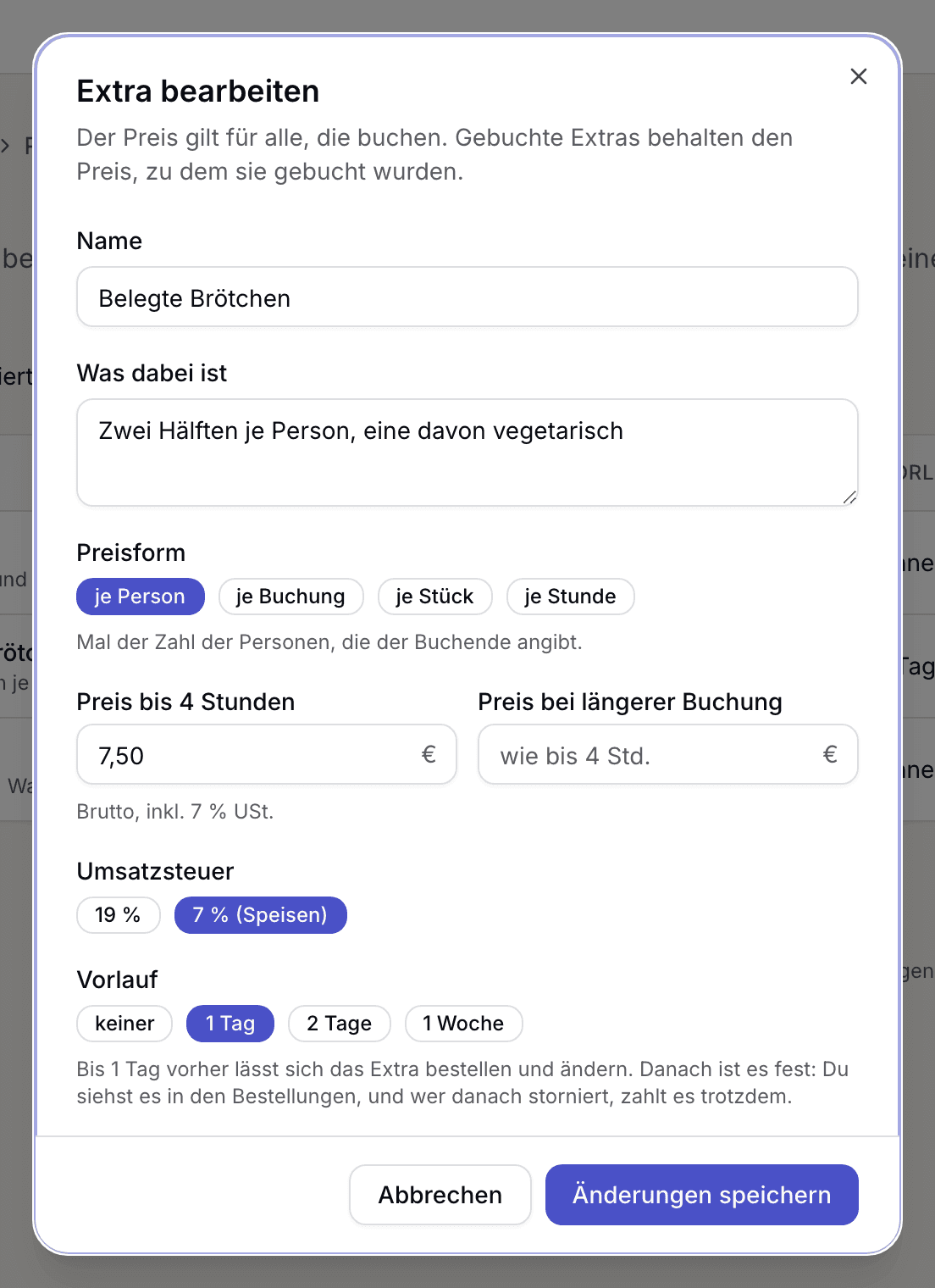 Formular Extra bearbeiten mit Preisform, Preis, Umsatzsteuer und Vorlauf