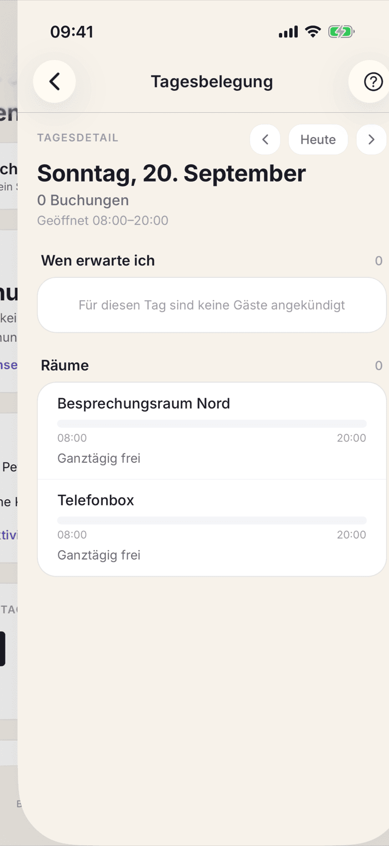 Tagesdetail mit der Raumspur und den Buchungen