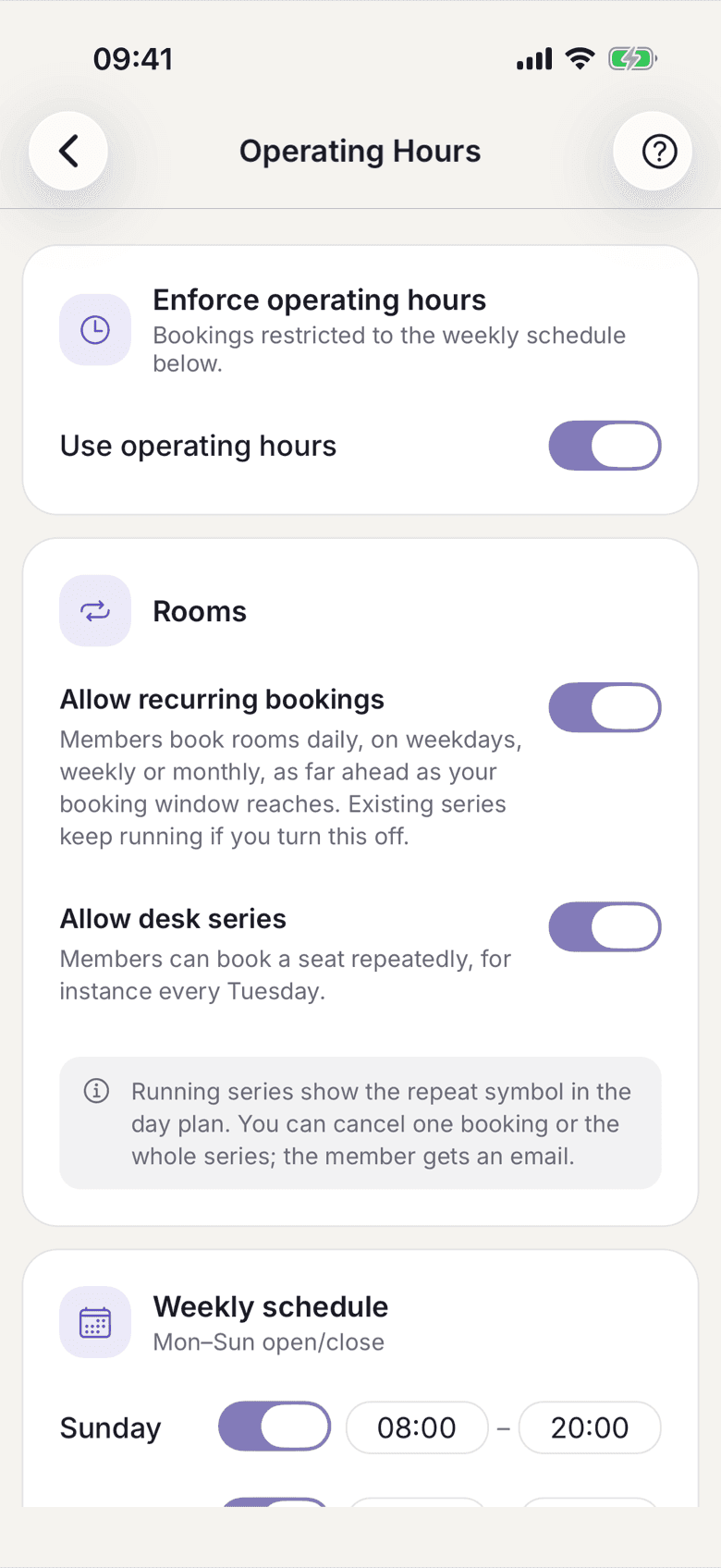 Rooms card with the Allow recurring bookings switch