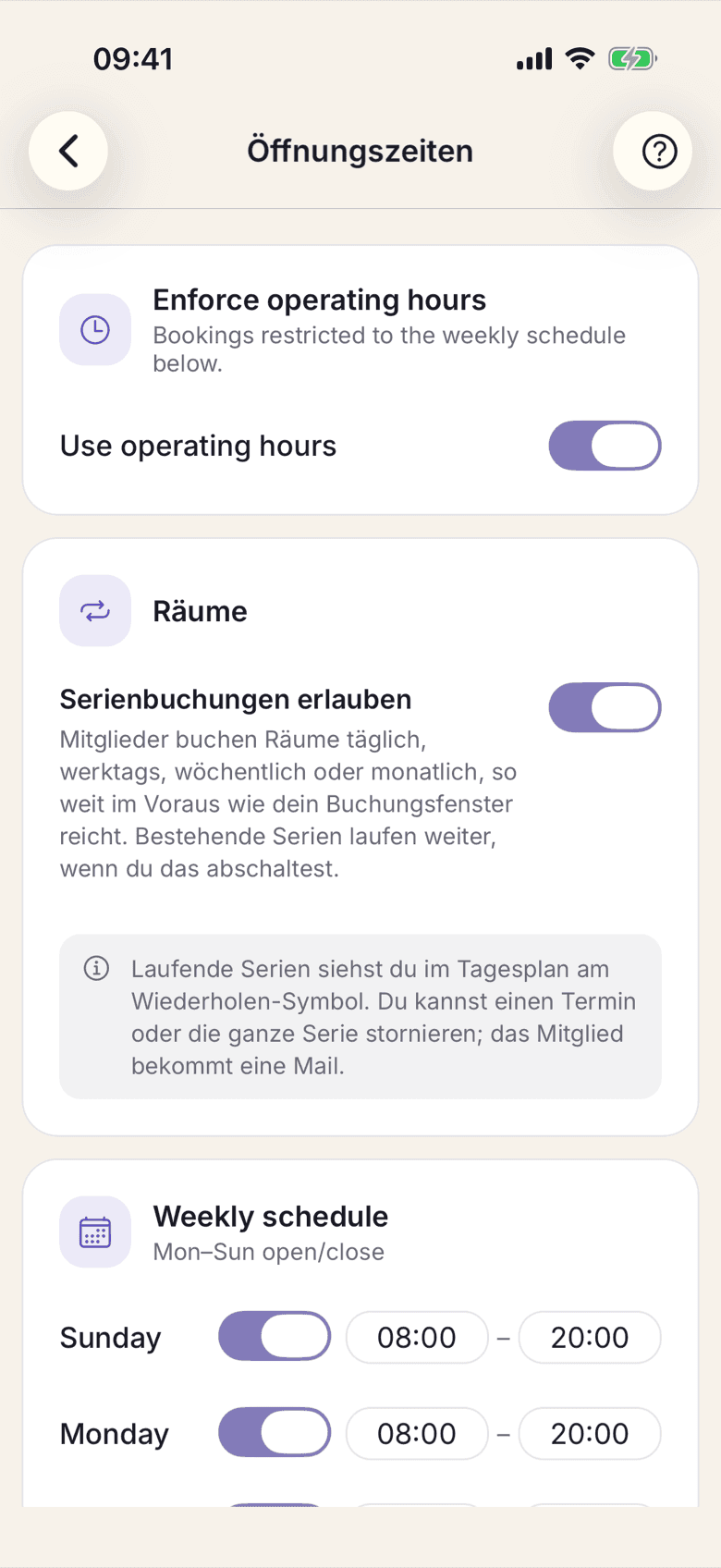 Karte Räume mit dem Schalter Serienbuchungen erlauben