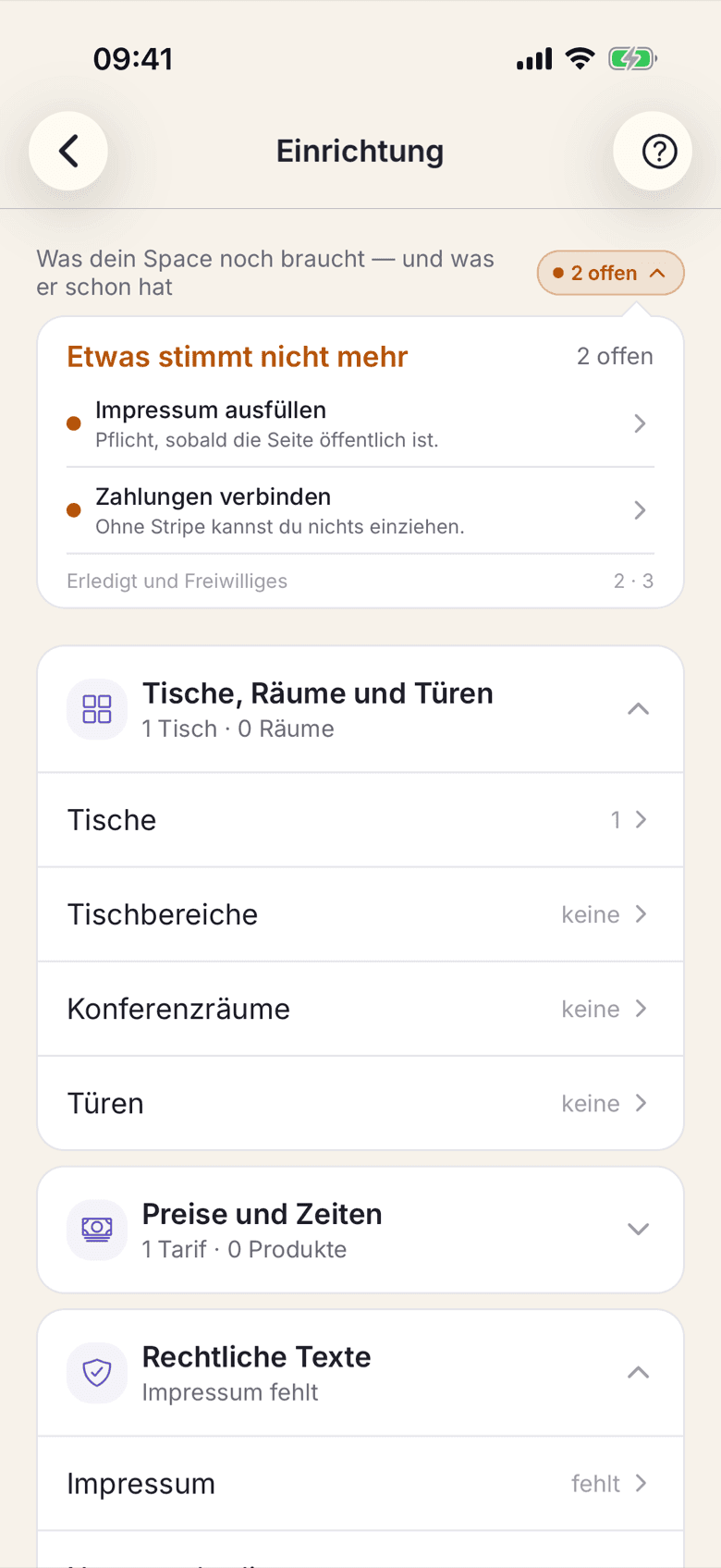 Abschnitt Tische, Räume und Türen mit den Zeilen Tische und Tischbereiche