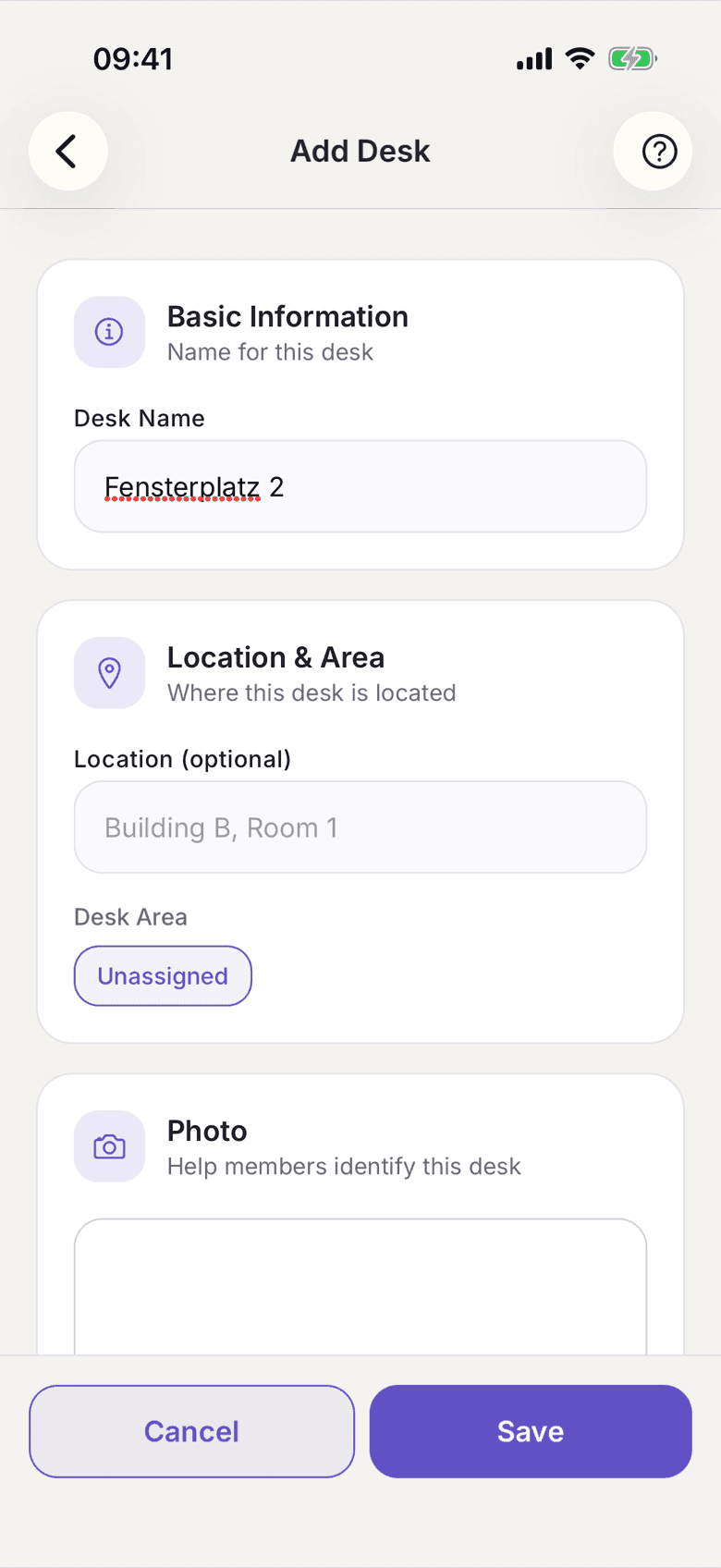 Form for a new desk with name, area and location