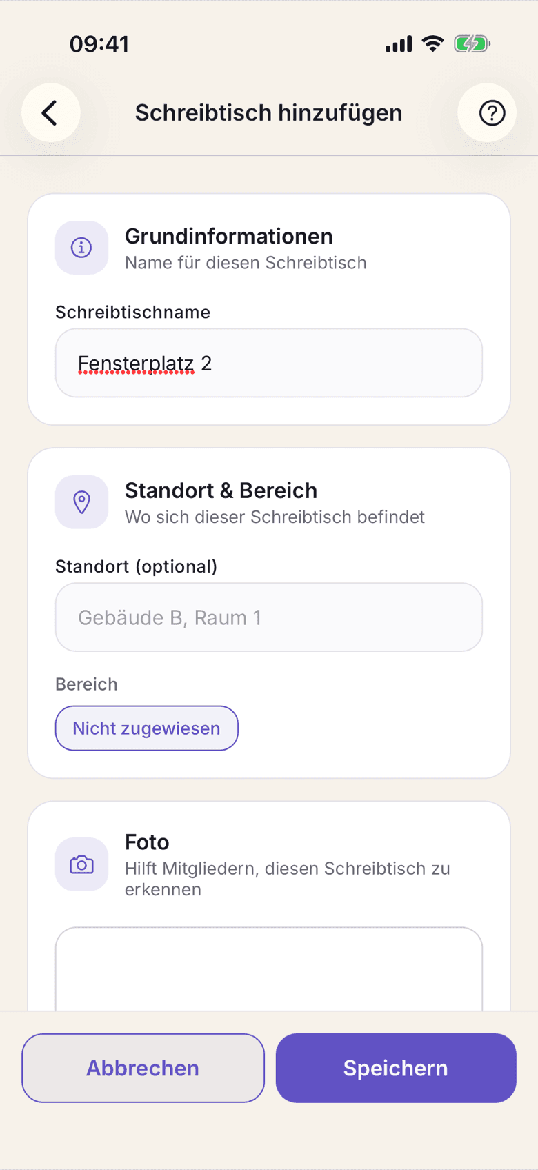 Formular für einen neuen Tisch mit Name, Bereich und Standort