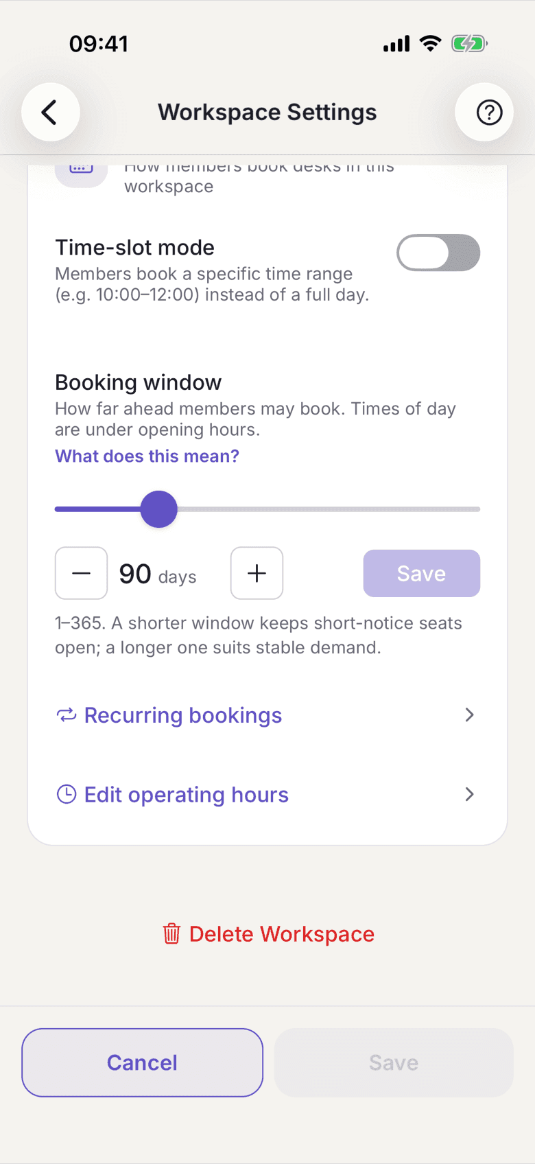 The Booking Window card with the days-ahead field