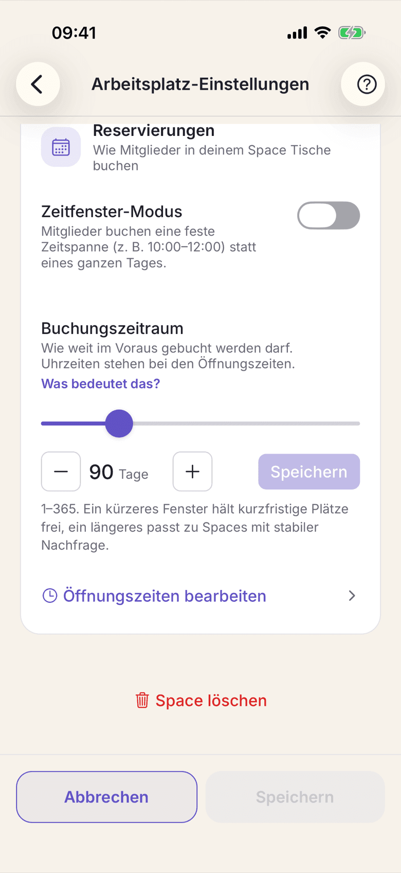 Die Karte Buchungszeitraum mit dem Feld Tage im Voraus