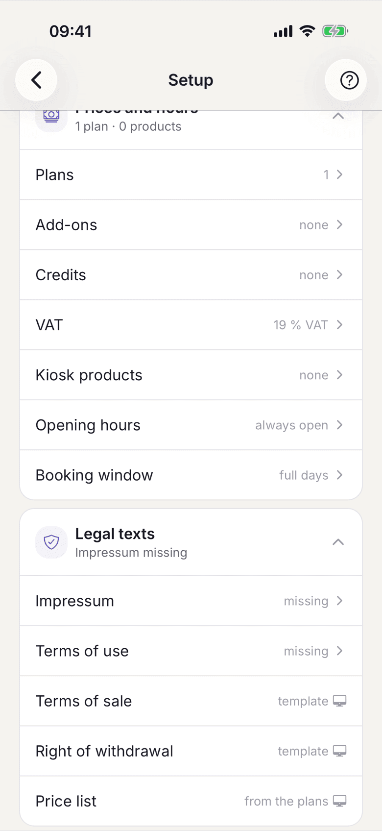 The Prices and hours section with the Opening hours and Booking window rows
