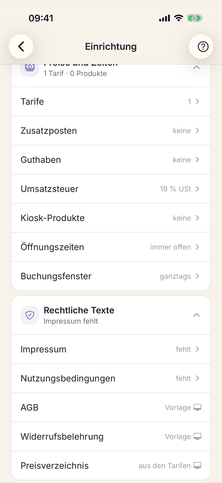 Abschnitt Preise und Zeiten mit den Zeilen Öffnungszeiten und Buchungsfenster