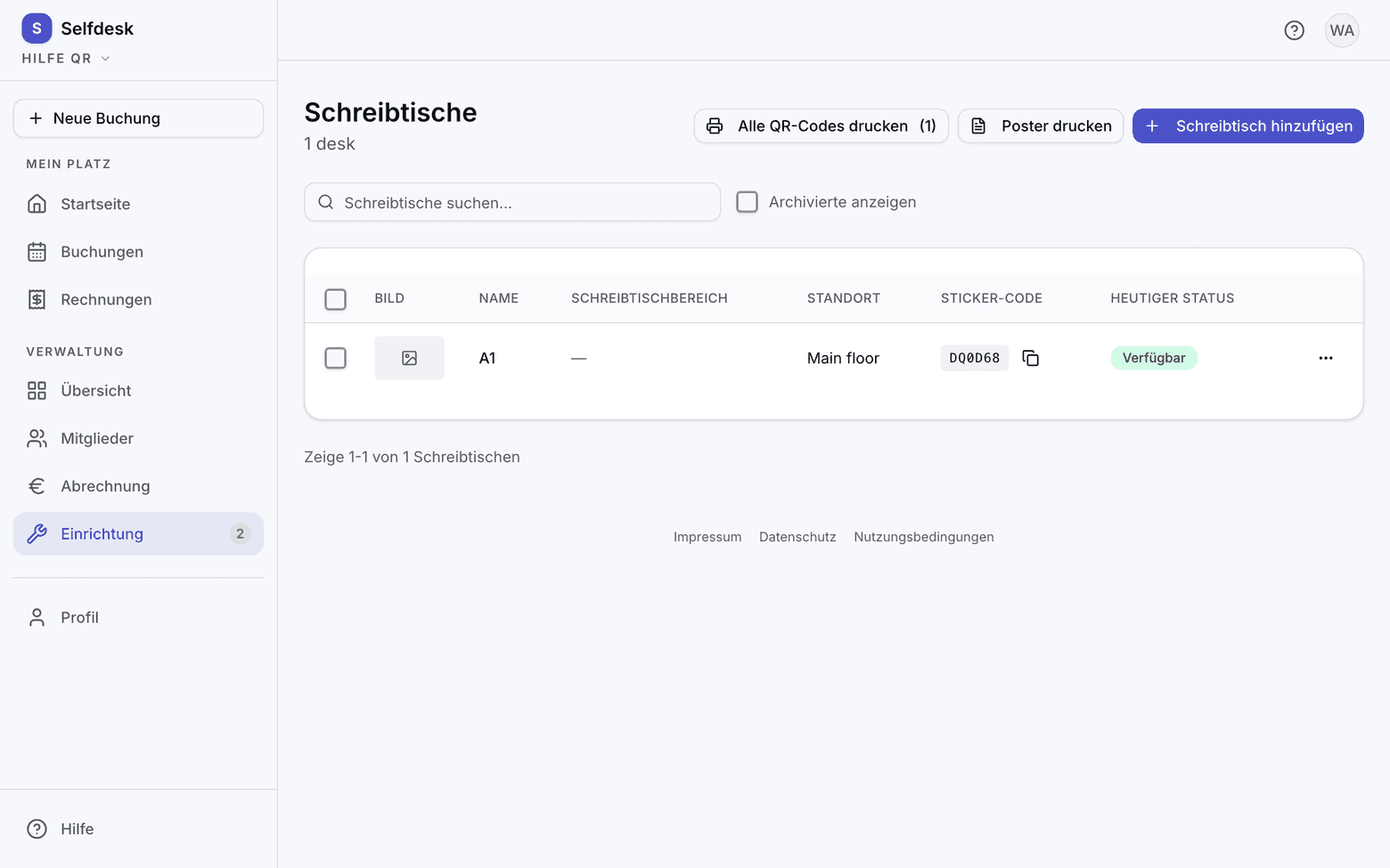 Tischliste mit dem Knopf zum Drucken der QR-Codes