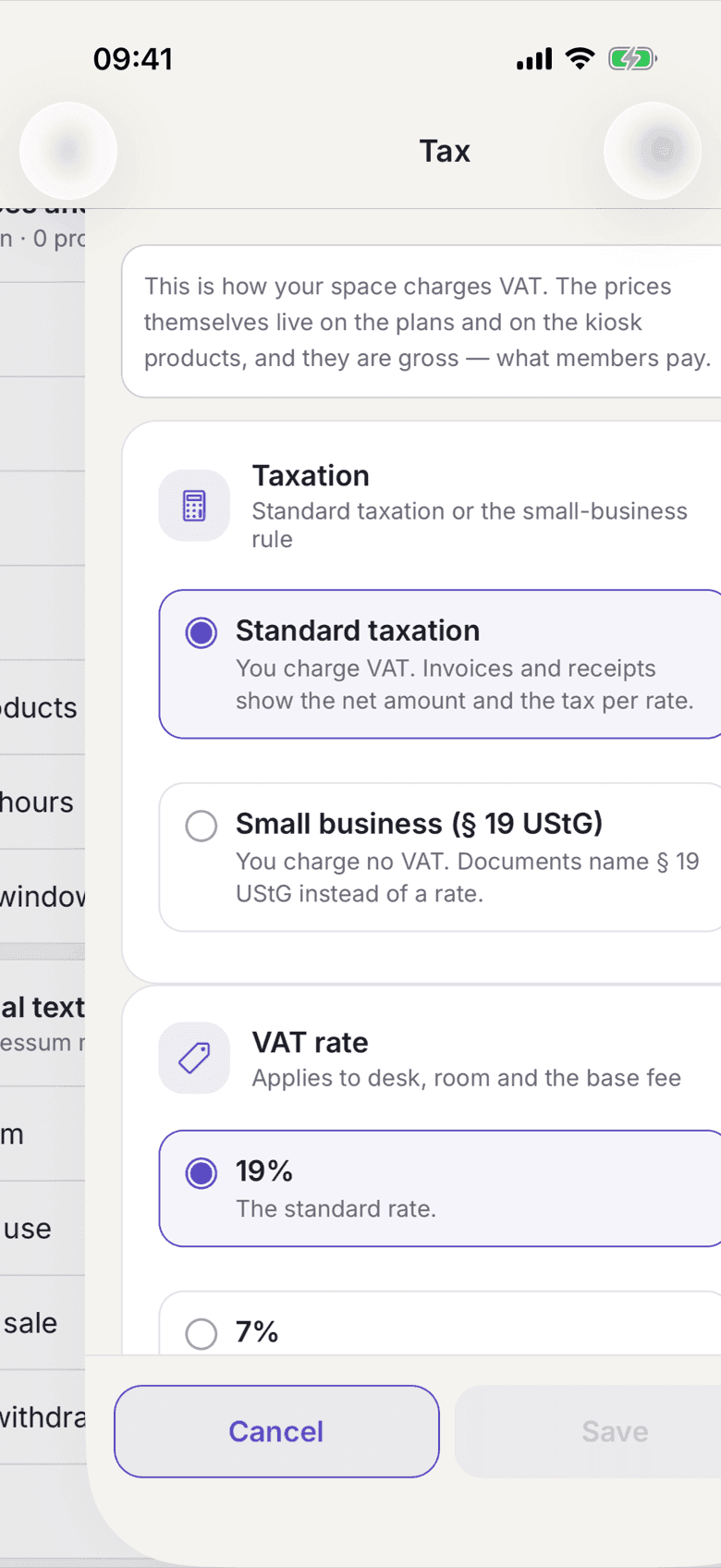The Tax screen with the Taxation and VAT rate sections