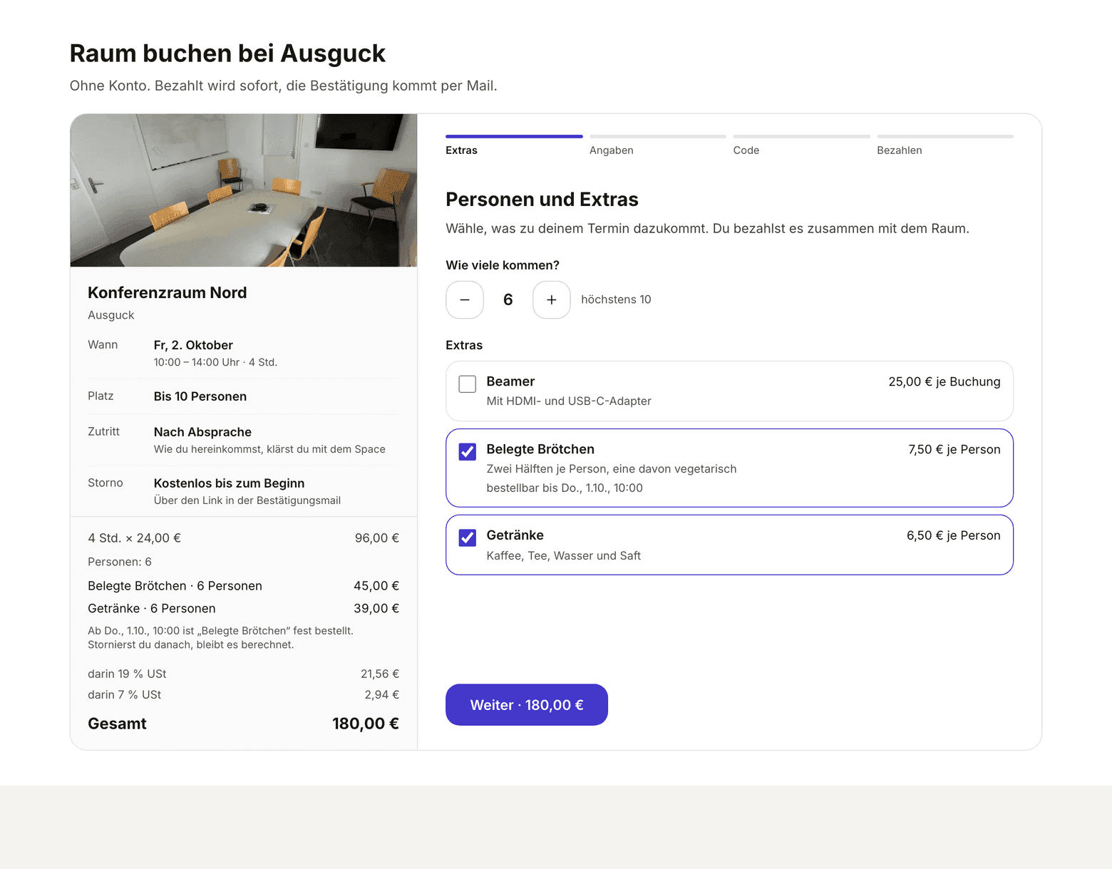Buchungsformular für Gäste im Schritt Personen und Extras mit Personenzahl, gewählten Extras und Gesamtpreis